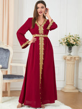 Dresses For Muslim Women Lace Embroidery V-Neck